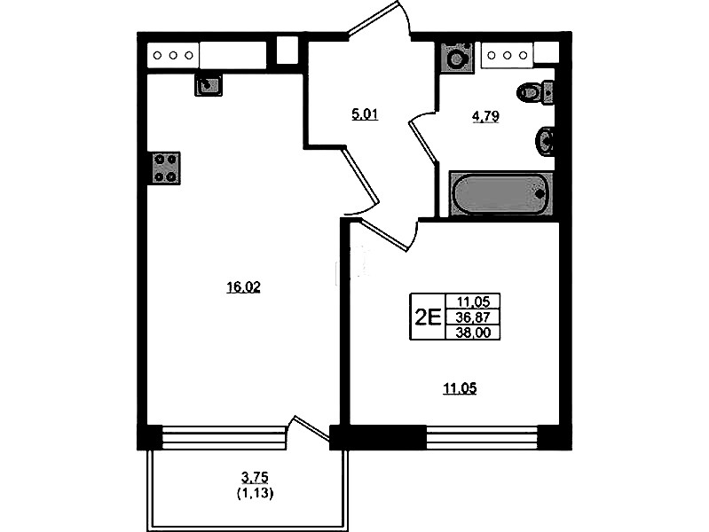 1-комнатная квартира 36.87 м², 3/5 эт., ЖК «Plus Пулковский»